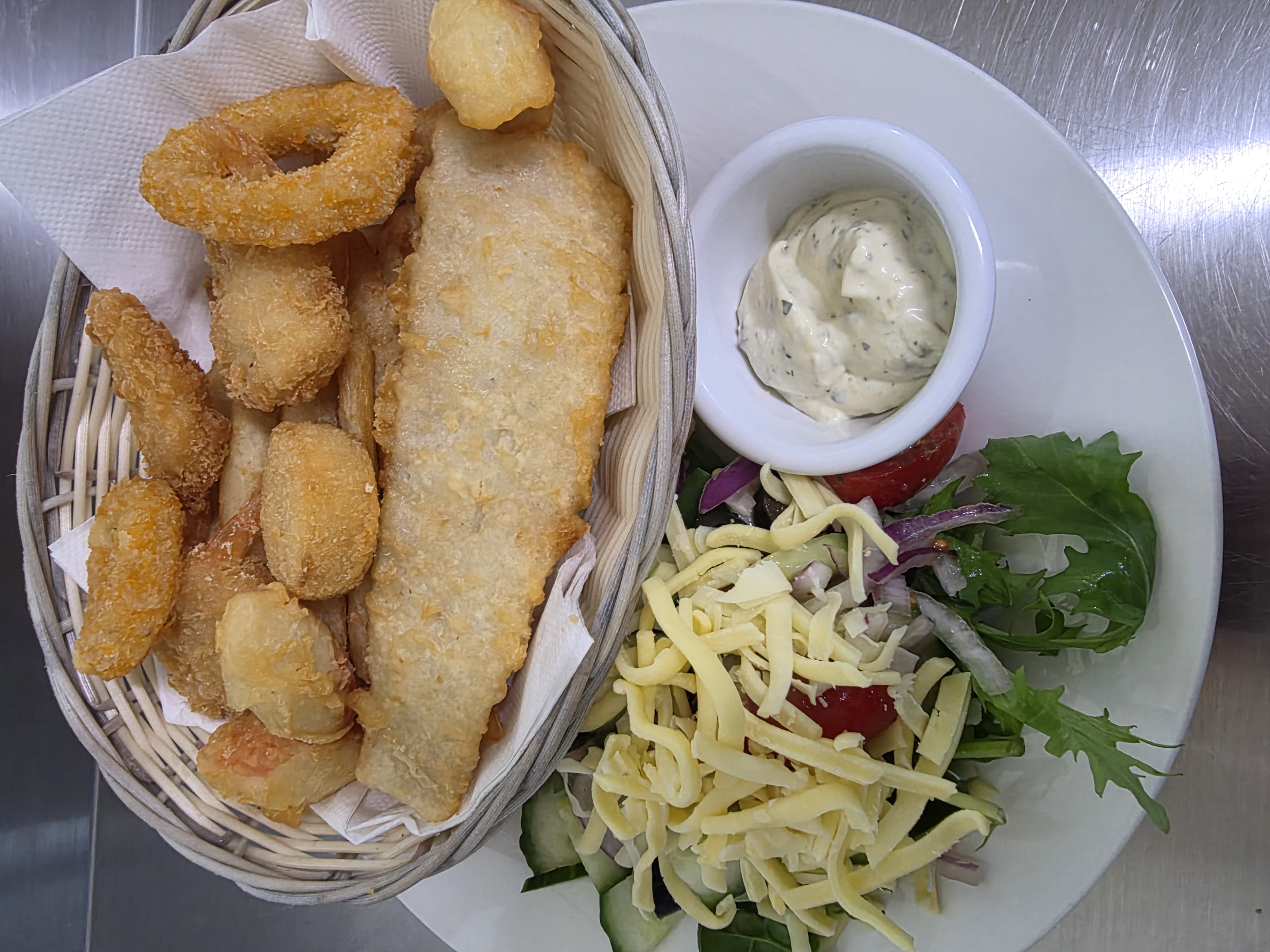 Seafood basket - battered fish, calamari and prawns with a garden salad and tartare